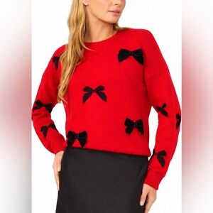 CeCe 3D Appliqué Bow Crewneck Slouchy Drop Shoulder Sweater Red & Black Size XL